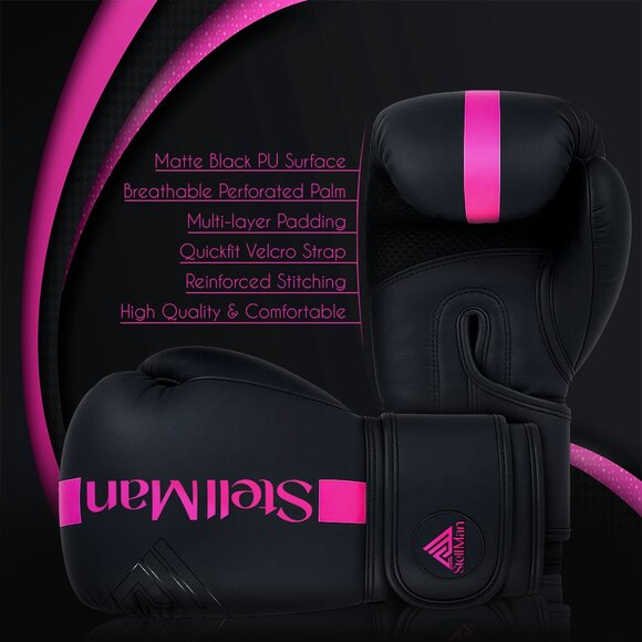Stellman Tight Fit Boxing Gloves Matte Black Pink Training Sparring Gear NEW - Picture 5 of 6
